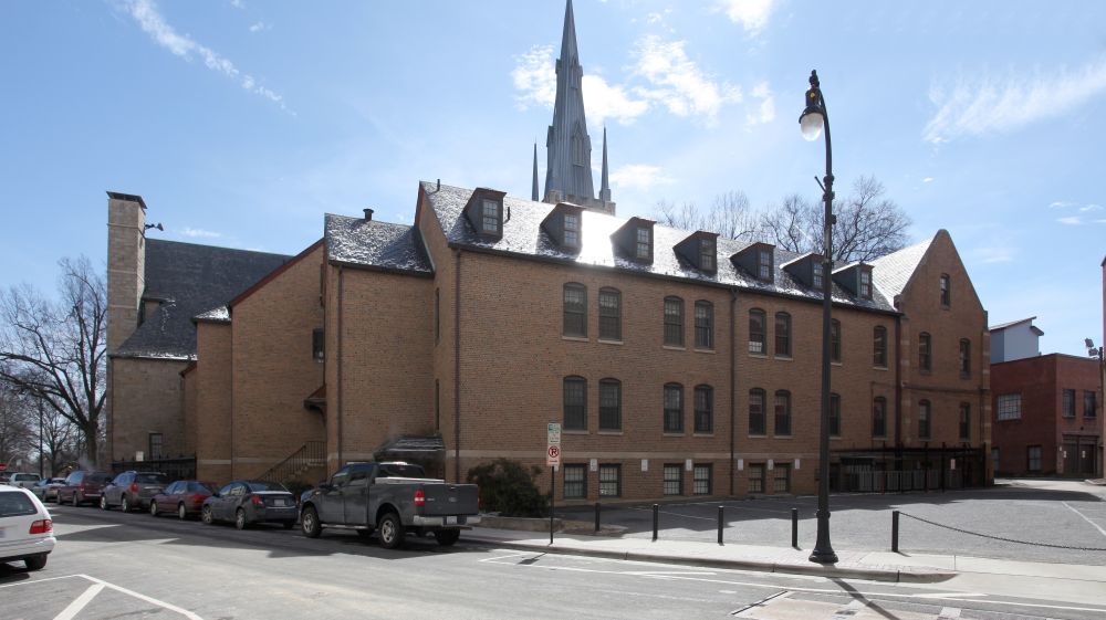 A clear sky hangs over Trinity United Methodist Church in Durham, NC.