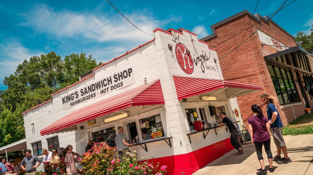 Customers line up to get tasty sandwiches at King's Sandwich Shop in Durham, NC.